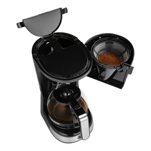 Kávovar TESLA Coffeemaster ES200 otevřený od shora, ukazující nádobku na mletou kávu.