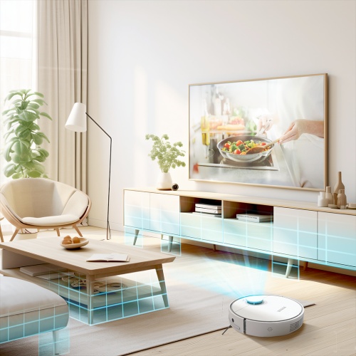 Robotický vysavač TESLA RoboStar iQ550 v moderním obývacím pokoji během vysávání.