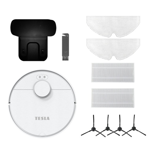 Přehled příslušenství pro TESLA RoboStar iQ550 zahrnující nabíjecí stanici, nástroje pro čištění, mopovací podložky a náhradní filtry.