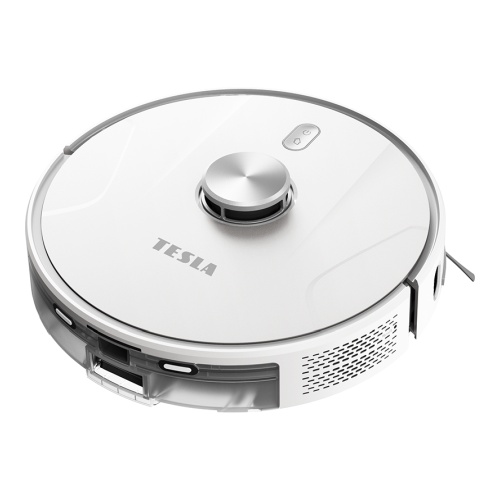 Úhlový pohled na robotický vysavač TESLA RoboStar IQ700 ukazující design zadní části se zásobníkem.