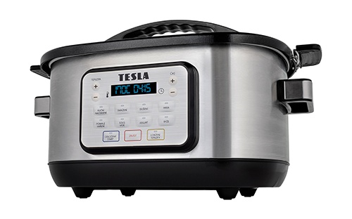 Přední pohled na multifunkční elektrický hrnec TESLA MultiCook M80 Deluxe se zapnutým displejem