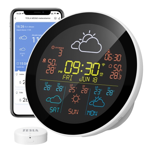 TESLA Device MS360 se zobrazením telefonu s mobilní aplikací a externím senzorem
