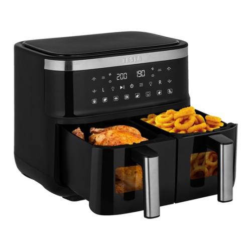 TESLA AirCook DualZone Q450 XXL s kuřetem a smaženými cibulovými kroužky uvnitř