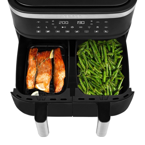 TESLA AirCook DualZone Q450 XXL s vysunutými koši, masem a fazolkami uvnitř