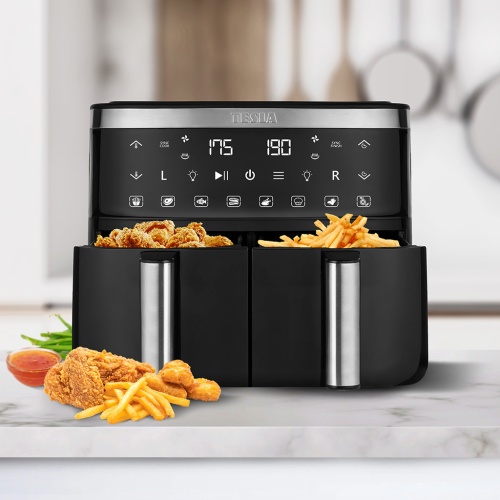 Přední pohled na TESLA AirCook DualZone Q450 XXL se smaženými pokrmy uvnitř