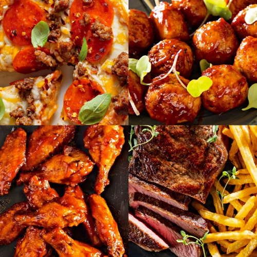 Různé pokrmy vhodné pro přípravu v TESLA AirCook Q65 XL, včetně pizzy, masových kuliček, kuřecích křídel a steaků s hranolky.