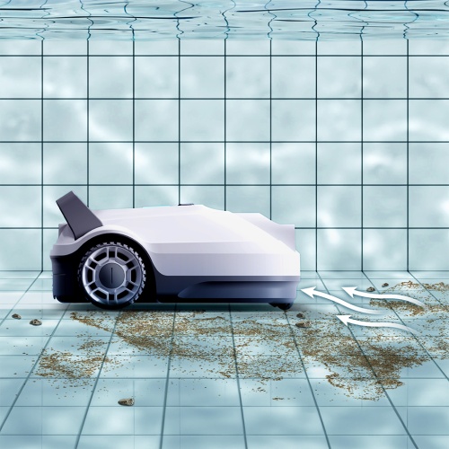 Robotický bazénový vysavač TESLA RoboStar SP300 čistící dno bazénu s viditelnými nečistotami a zobrazením směru pohybu.