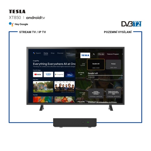 TESLA MediaBox XT850 Android TV a televize s infografikou využívání mediaboxu a pozemního vysílání DVB-T2