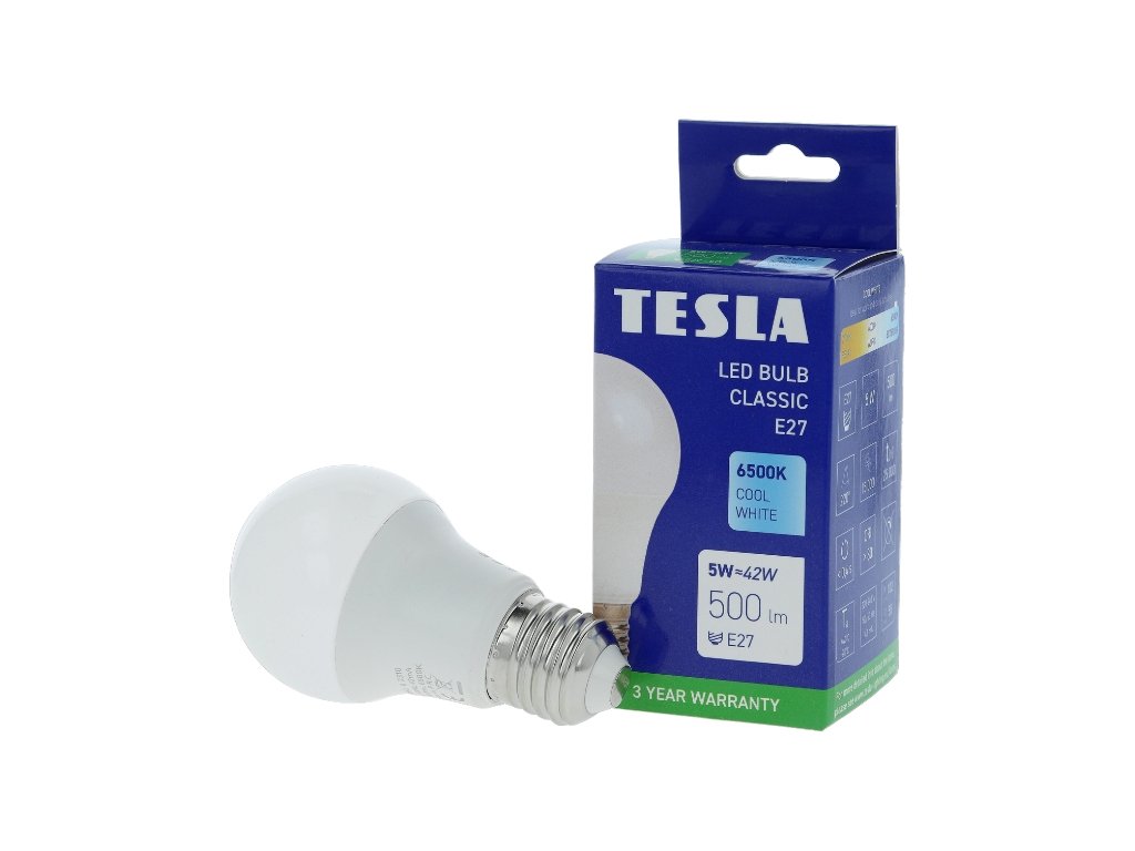 Levně TESLA BL270560–8 - LED bulb žárovka E27, 5W, 500 lm, 6500K, studená bílá