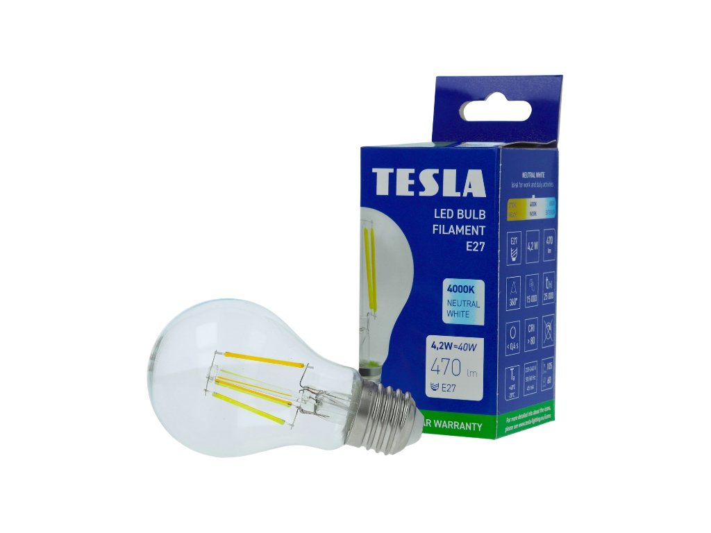 Levně TESLA BL270440–1 - LED Filament Retro Bulb žárovka E27, 4,2W, 470 lm, 4000K, čirá