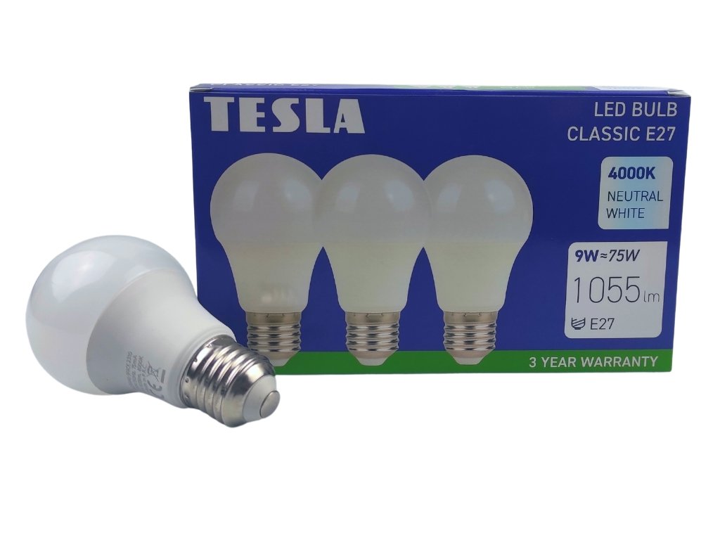Levně TESLA BL270940–3PACK - LED bulb žárovky E27, 9W, 1055 lm, 4000K, denní bílá, 3 ks v balení