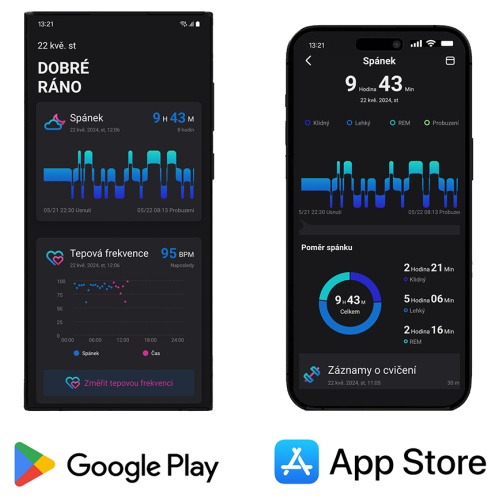 Dva mobilní telefony zobrazující aplikaci TESLA Ring G55, dostupnou na Google Play a App Store, ukazující data o spánku a srdeční frekvenci.