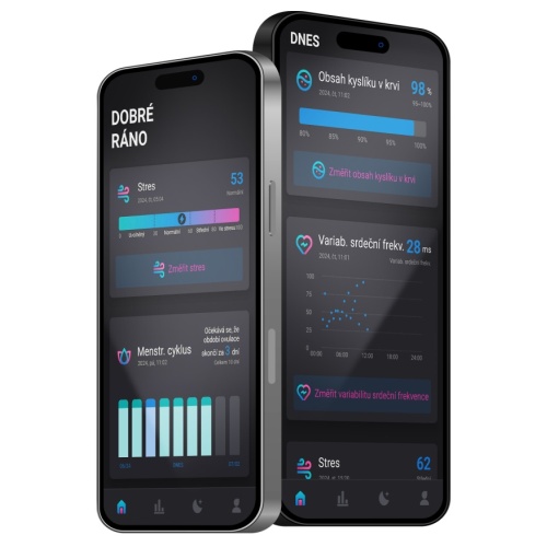 Dva mobilní telefony zobrazující aplikaci TESLA Ring G55, s informacemi o stresu, kyslíku v krvi a menstruačním cyklu.