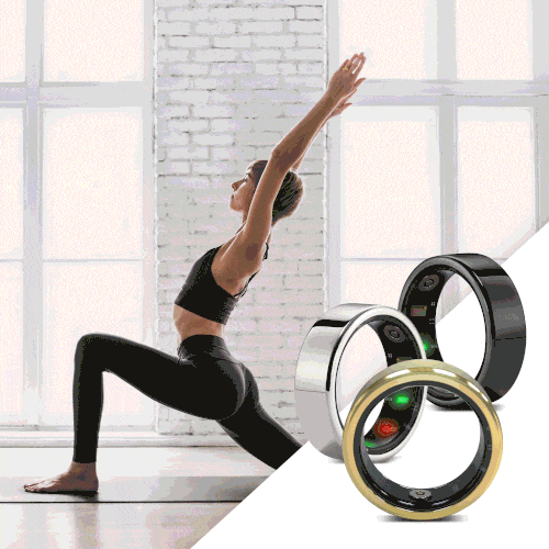 Animovaný obrázek sportovních aktivit a tří variant chytrého prstenu TESLA Ring G55 v černé, stříbrné a zlaté barvě.