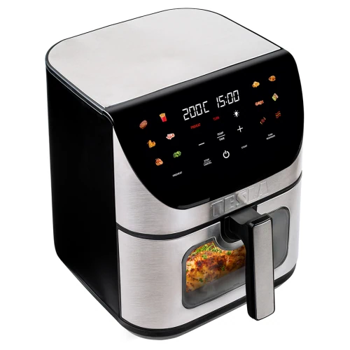 TESLA AirCook Q70 XXL WiFi Pro s detailním pohledem na digitální displej a okénko, umožňující sledování pokrmu během vaření při přednastavené teplotě a čase.